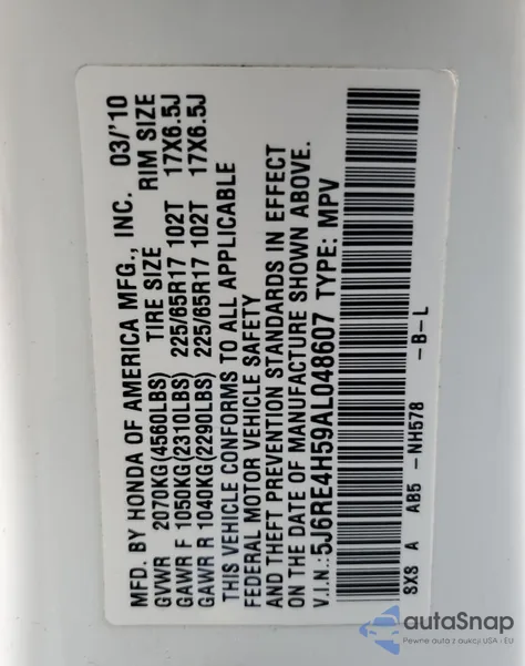 2010 Honda Cr-V Ex z USA, uszkodzony, nr VIN 5J6RE4H59AL048607